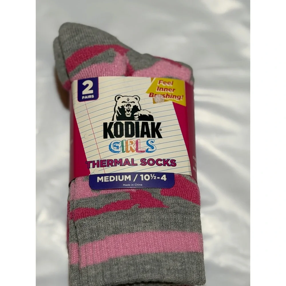 Kodiak Thermal Socks Pink Grey Camo Stripe 2-Pack Heavy Duty Winter Medium Girls
